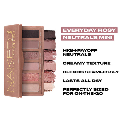 URBAN DECAY Naked 3 Mini Eyeshadow Palette - 6 Soft Pink Shadows, Multi-Use Matte & Shimmer Finishes, Ultra-Blendable, Long-lasting Up to 12HR Wear, Rosy Neutral Shades, Travel Makeup with Mirror